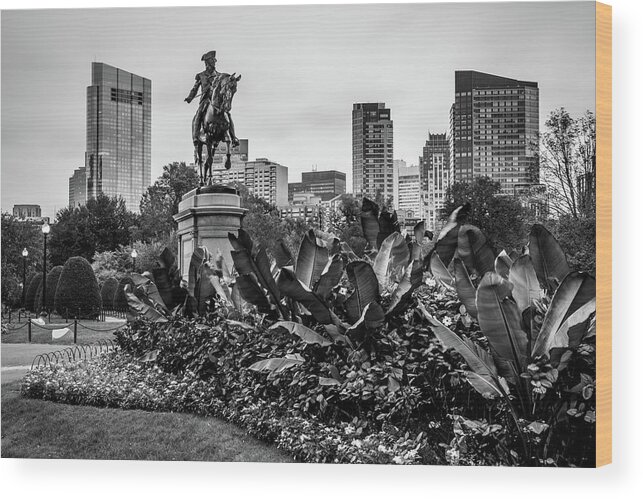 Boston Skyline Wood Print featuring the photograph Boston Public Garden Skyline and Washington Monument in Black and White by Gregory Ballos