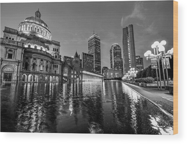 Boston Wood Print featuring the photograph Boston Reflecting Pool Christian Science Church Black and White by Toby McGuire
