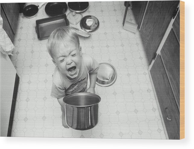 Child Wood Print featuring the photograph Boy Playing With Pots And Pans, Screaming by Sean Justice
