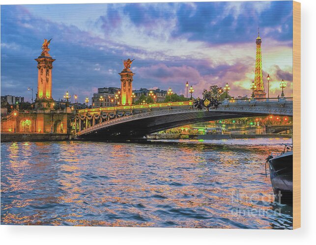 Alexander Wood Print featuring the photograph Bridge of Alexandre III and Eiffel tower, Sunset by Anastasy Yarmolovich
