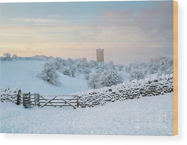 Broadway Tower Wood Print featuring the photograph Broadway Tower in the Snow and Fog at Sunrise by Tim Gainey