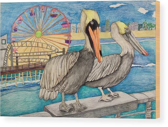 Birds Wood Print featuring the drawing Brown Pelican by Hahrin Vivian Chiang 2nd grade by California Coastal Commission