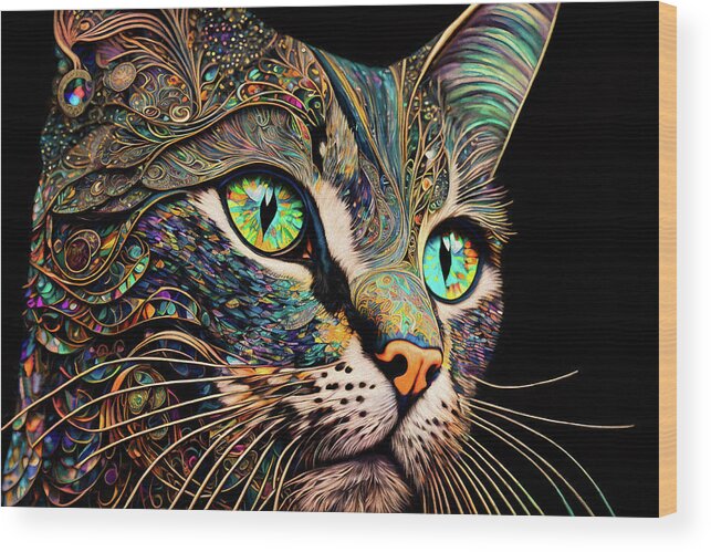 Psychedelic Cats Wood Print featuring the digital art Buddy the Colorful Tabby Cat by Peggy Collins