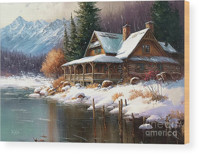 Log Cabin Wood Print featuring the painting Cabin In The Mountains by Tina LeCour