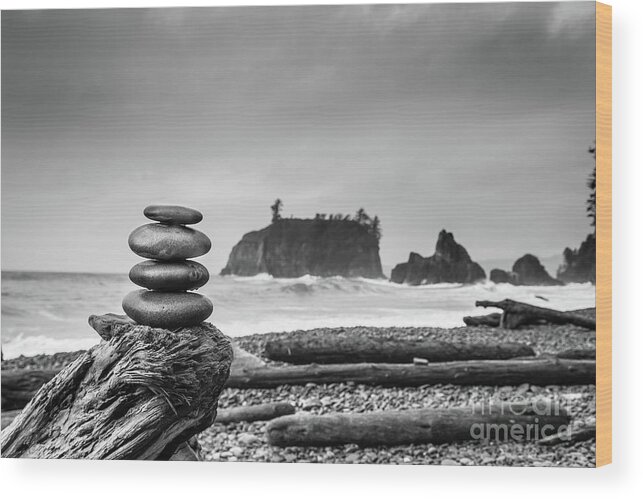 Cairn Wood Print featuring the photograph Cairn on a beach by Olivier Steiner