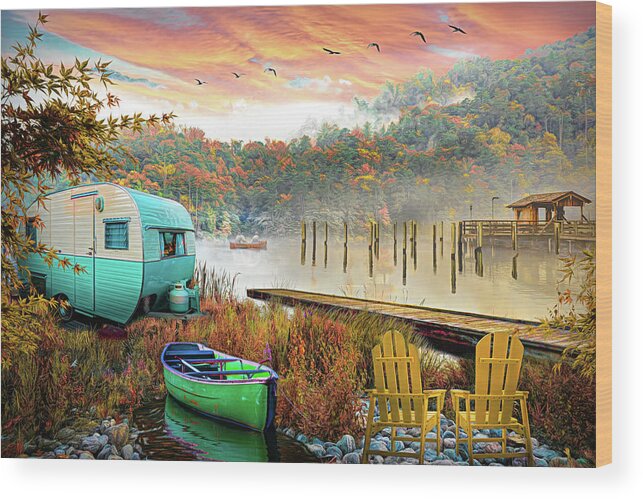 Camper Wood Print featuring the digital art Camping at the Lake in Autumn by Debra and Dave Vanderlaan