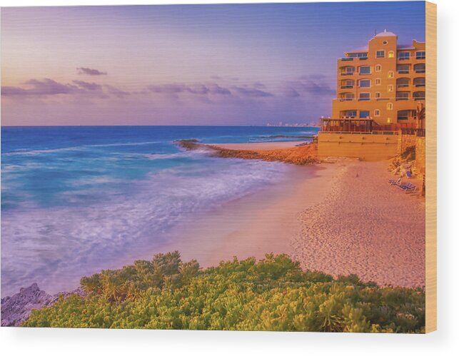 Cancun Wood Print featuring the photograph Cancun beach at sunrise by Tatiana Travelways