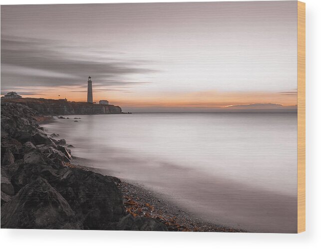 Desaturated Wood Print featuring the photograph Cap-des-Rosiers lighthouse sunrise desaturated long exposure DRI by Jean Surprenant