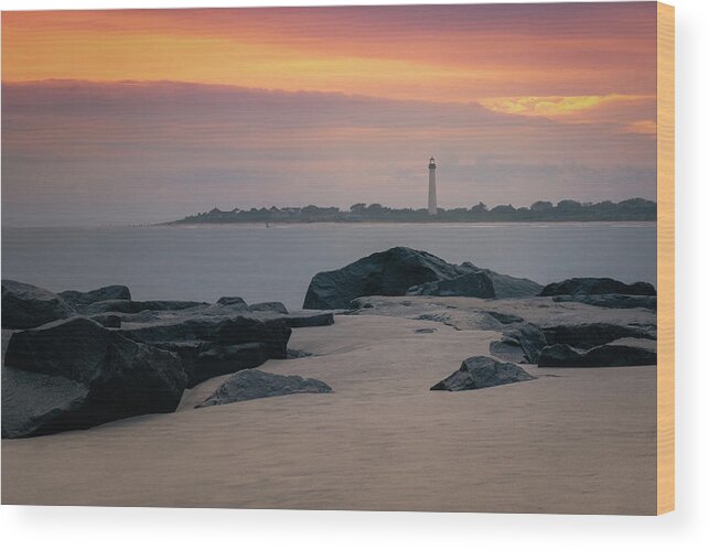 Lighthouse Wood Print featuring the photograph Cape May Lighthouse Beach Sunset by Jason Fink