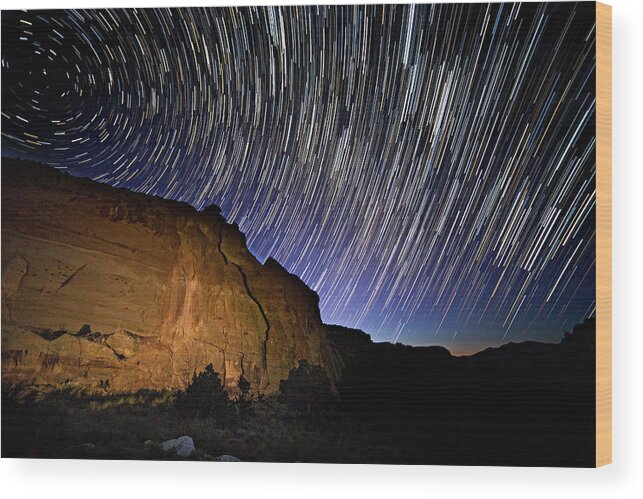 Startrail Wood Print featuring the photograph Capitol Reef Star Trail by Wesley Aston