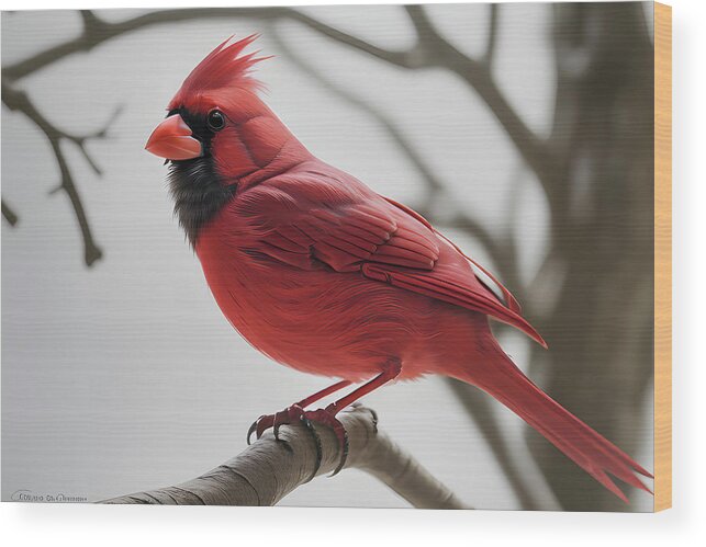 Cardinal Wood Print featuring the digital art Cardinal Perched on a Branch by Ray Shrewsberry