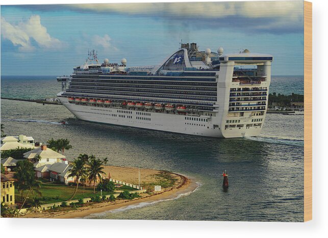 Cruise Ship; Skies; Clouds; Water; Landscape; Color; Travel Wood Print featuring the photograph Caribbean Princess #1 by AE Jones