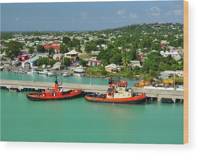 Caribbean Wood Print featuring the photograph Caribbean Tugboats with Antigua Skyline by Luke Moore