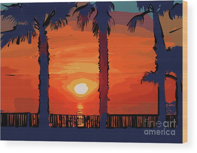 Abstract Wood Print featuring the digital art Ocean Sunset Between Two Palm Trees by Kirt Tisdale