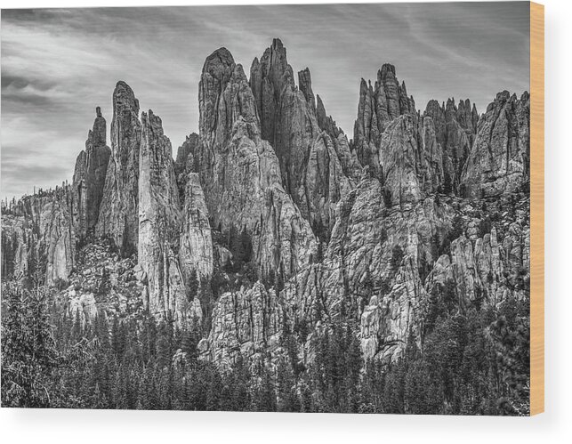 South Dakota Wood Print featuring the photograph Cathedral Spires Along The Black Hills Needles Highway - Black and White by Gregory Ballos