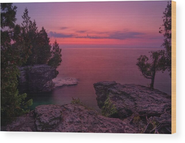 Cave Point Wood Print featuring the photograph Cave Point Calm - Cave Point County Park in Door County WI by Peter Herman
