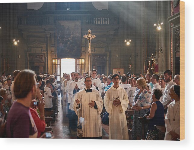 Three Quarter Length Wood Print featuring the photograph Celebration of Mass in San Firenze Church, Florence, Italy by Udokant