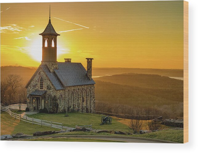 Chapel Of Ozarks Wood Print featuring the photograph Chapel of the Ozarks Golden Sunset at Top of the Rock by Gregory Ballos