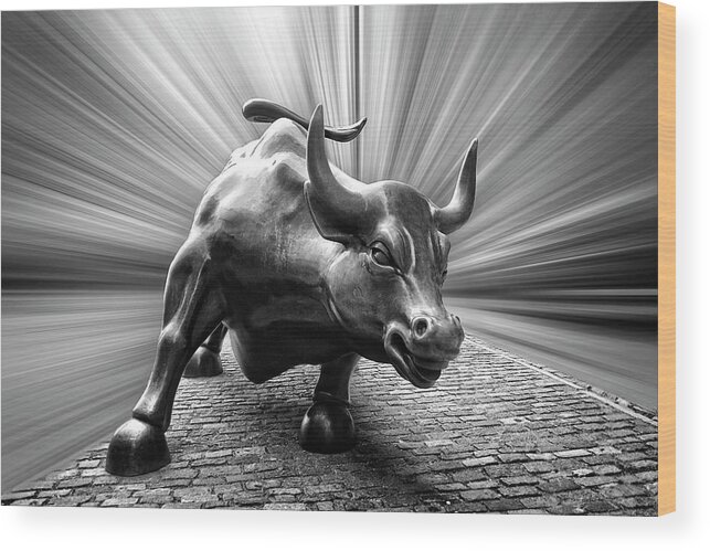 Charging Wall Street Bull B-w Wood Print featuring the photograph Charging Wall Street Bull B-W by Wes and Dotty Weber