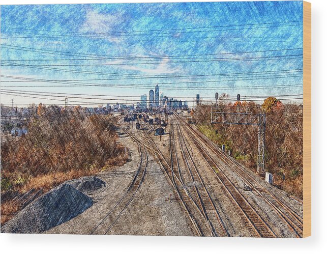 Charlotte-architecture-photography Wood Print featuring the digital art Charlotte Skyline from Matheson Bridge by SnapHappy Photos
