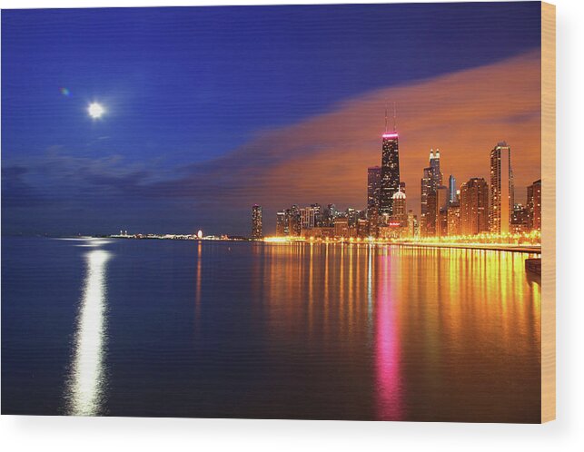 Architecture Wood Print featuring the photograph Chicago Skyline Moonlight Water by Patrick Malon