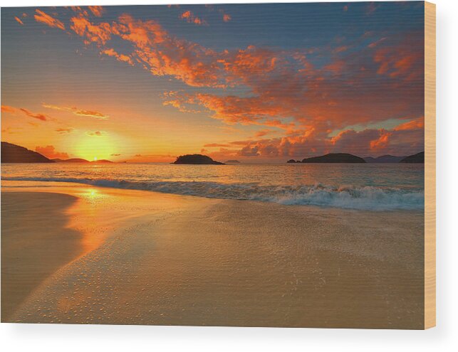 Sunset Wood Print featuring the photograph Cinnamon Bay Sunset Reflections - St. John by Stephen Vecchiotti