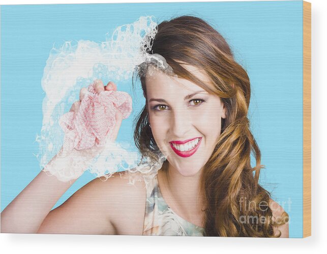 Clean Wood Print featuring the photograph Cleaner woman with dish cloth by Jorgo Photography