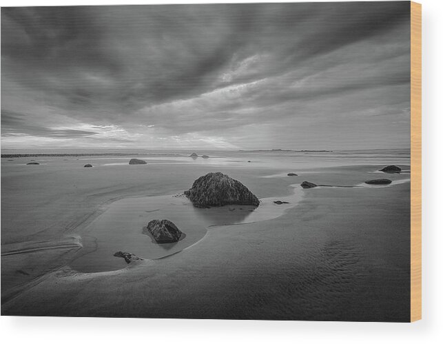 Wells Beach Wood Print featuring the photograph Clearing Storm at Wells Beach in Black and White by Kristen Wilkinson
