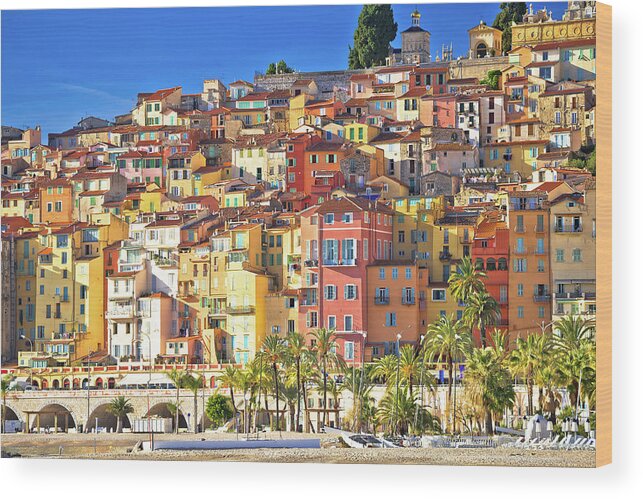 Menton Wood Print featuring the photograph Colorful facades of Cote d Azur town of Menton beach and archite by Brch Photography