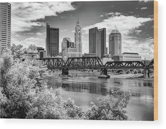 Columbus Skyline Wood Print featuring the photograph Columbus Ohio Skyline From North Bank Park in Black and White by Gregory Ballos