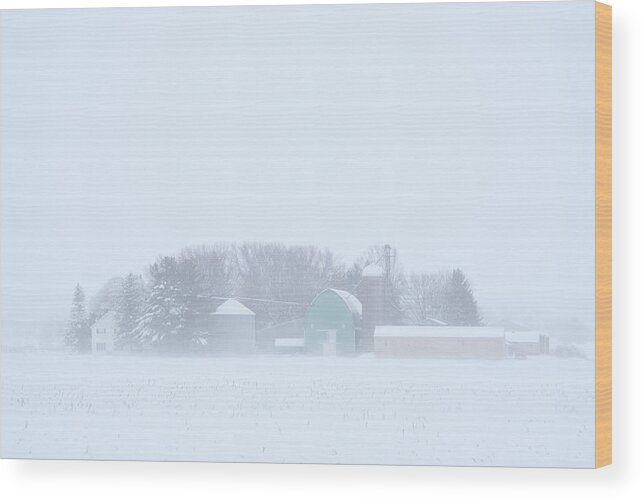 Pastel Wood Print featuring the photograph Cool Pastels - pastel colored farm buildings in a Wisconsin snowstorm by Peter Herman