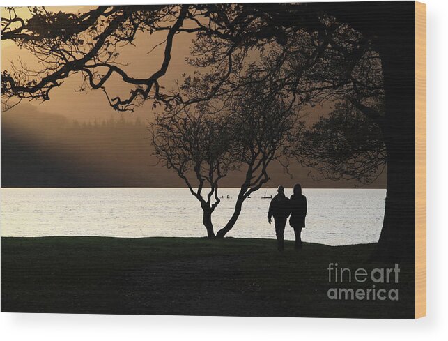 Couple Wood Print featuring the photograph Couple walking by Derwent Water, Keswick by Bryan Attewell