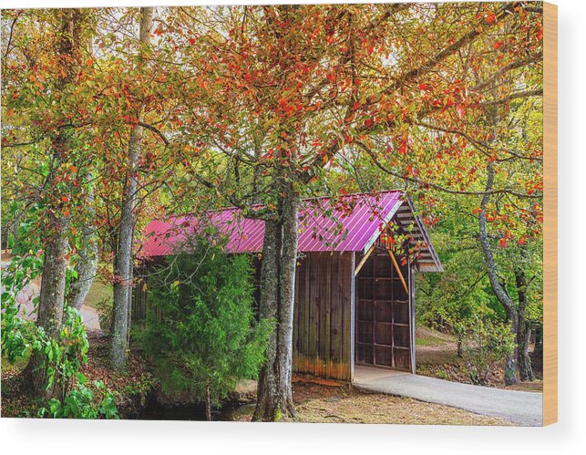 Barns Wood Print featuring the photograph Covered Bridge Under the Autumn Trees by Debra and Dave Vanderlaan