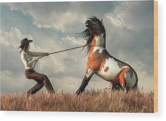 Cowgirl Taming A Horse Wood Print featuring the digital art Cowgirl Taming a Horse by Daniel Eskridge