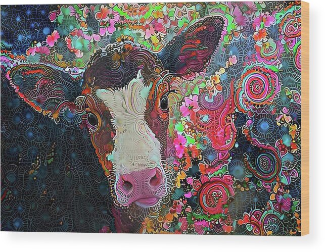 Cow Wood Print featuring the digital art Crazy Colorful Cow by Peggy Collins