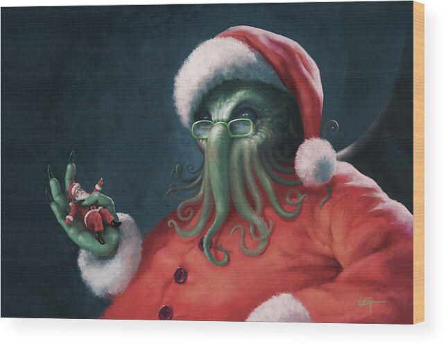 Cthulhu Wood Print featuring the painting Cthulhu Claus - Holiday Snack by Tom Gehrke