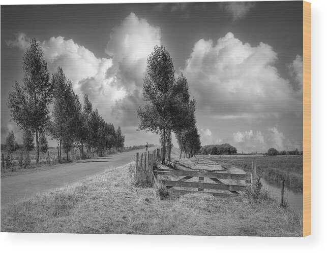Clouds Wood Print featuring the photograph Cycling in the Netherlands Black and White by Debra and Dave Vanderlaan