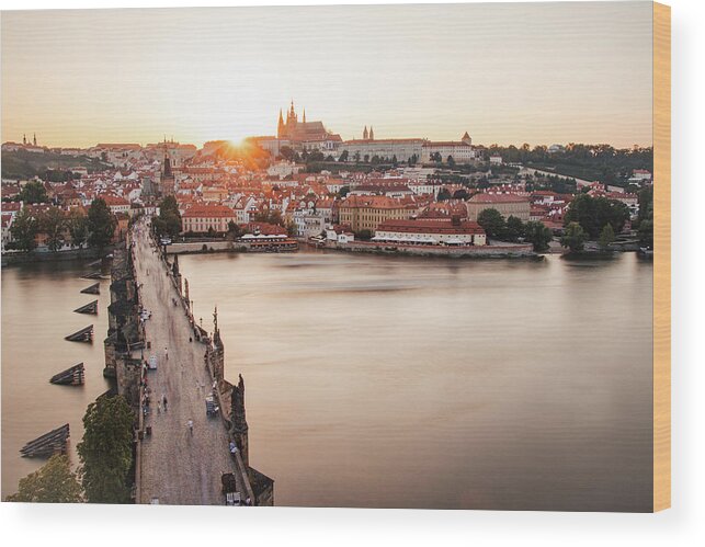 Castle Wood Print featuring the photograph Czech capital city with Charles bridge at sunset by Vaclav Sonnek