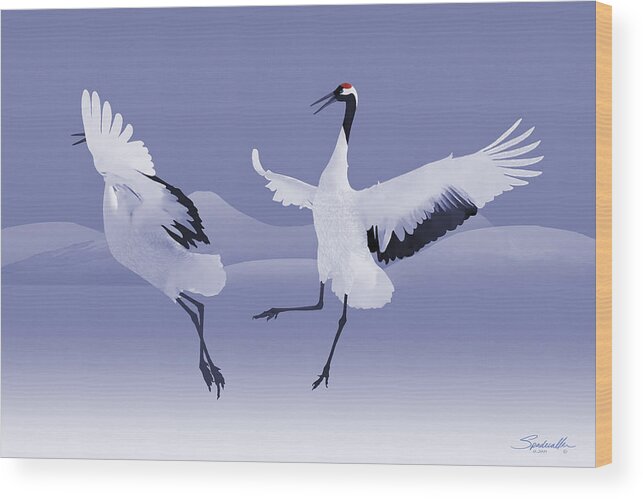 Bird Wood Print featuring the mixed media Dancing Red-crowned Cranes by M Spadecaller