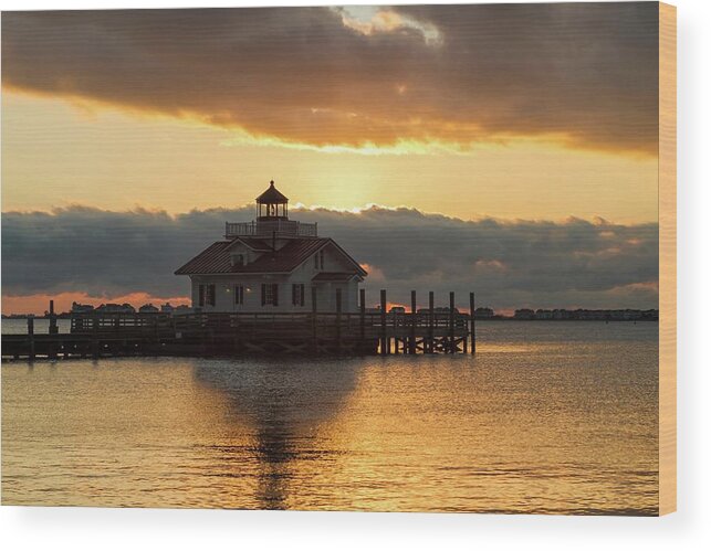 Architecture Wood Print featuring the photograph Daybreak over Roanoke Marshes Lighthouse by Liza Eckardt