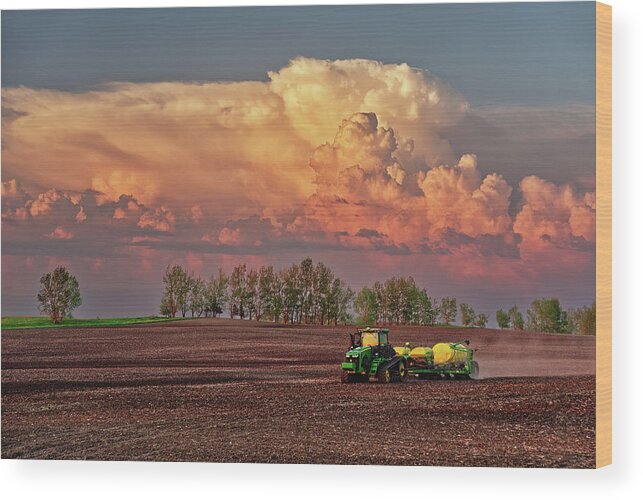 John Deere Wood Print featuring the photograph Deere in its Natural Habitat - John Deere tractor and corn seeder in a beautiful ND spring setting by Peter Herman