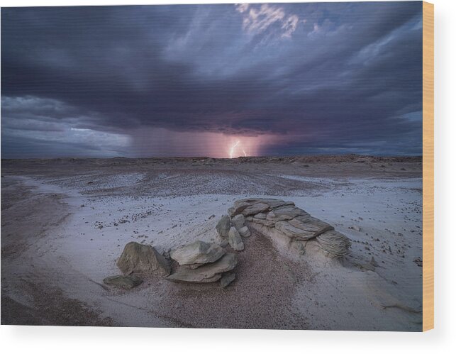 Storm Wood Print featuring the photograph Desert Storm with Lightning by Wesley Aston