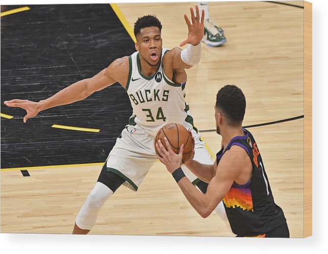 Playoffs Wood Print featuring the photograph Devin Booker and Giannis Antetokounmpo by Jesse D. Garrabrant