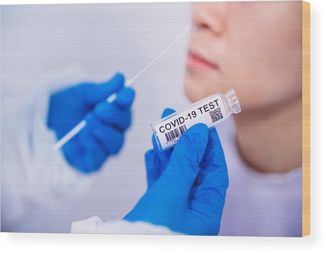 Expertise Wood Print featuring the photograph Doctor in protective gloves & workwear holding Testing Kit for the coronavirus test by Images By Tang Ming Tung