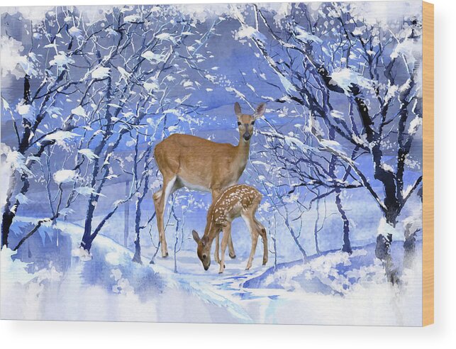 Doe Wood Print featuring the mixed media Doe And Her Fawn Winter Scene by Sandi OReilly