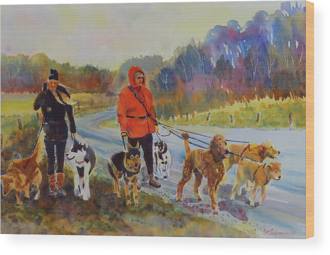 Landscape Wood Print featuring the painting Dog Walkers Late Fall by David Gilmore