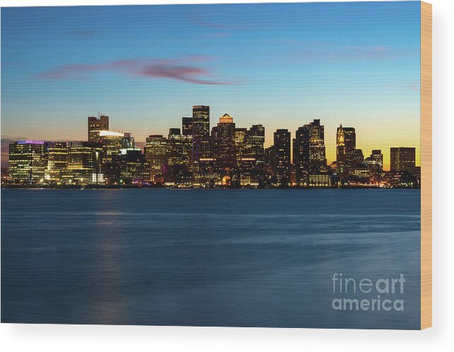 2014 Wood Print featuring the photograph Downtown Boston Skyline at Night Sunset Photo by Paul Velgos