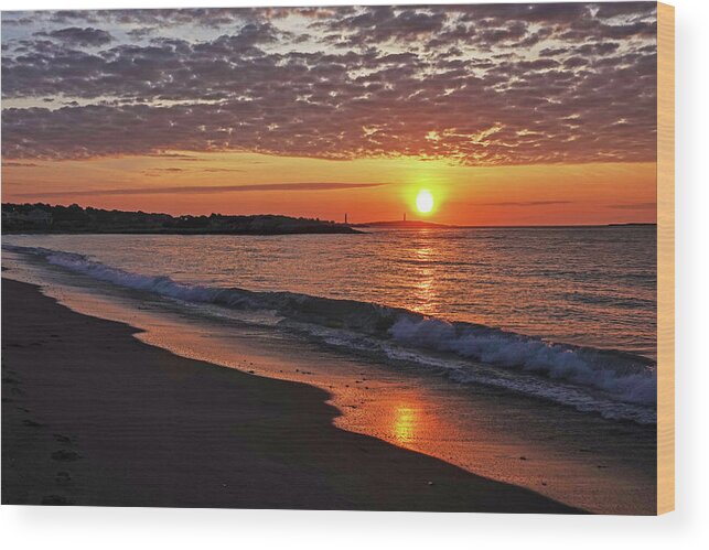 Gloucester Wood Print featuring the photograph Dramatic Sky Sunrise over Thacher Island from Long Beach in Rockport MA Golden Sunrise Wave by Toby McGuire