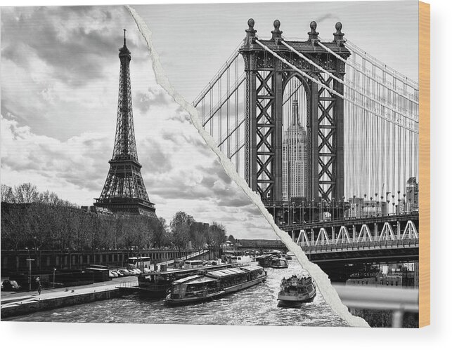 Eiffel Tower Wood Print featuring the photograph Dual Torn Collection - Paris New York BW by Philippe HUGONNARD