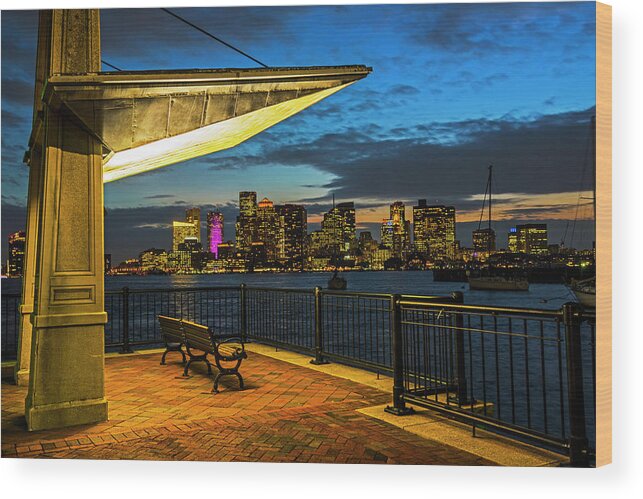 Boston Wood Print featuring the photograph East Boston at Dusk The Boston Skyline and Harbor Boston MA by Toby McGuire